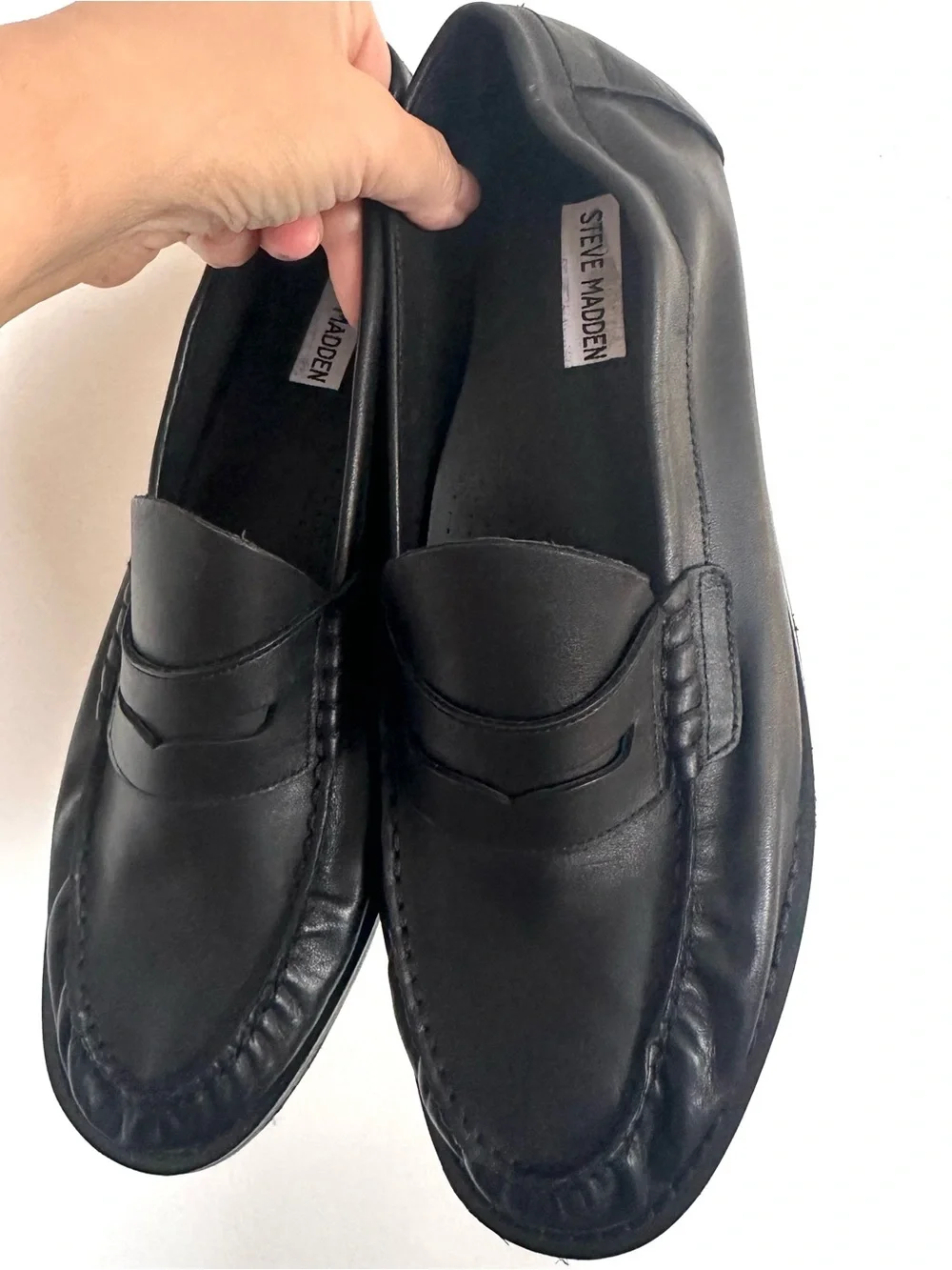 Steve Madden black leather ruched penny loafers size 11
